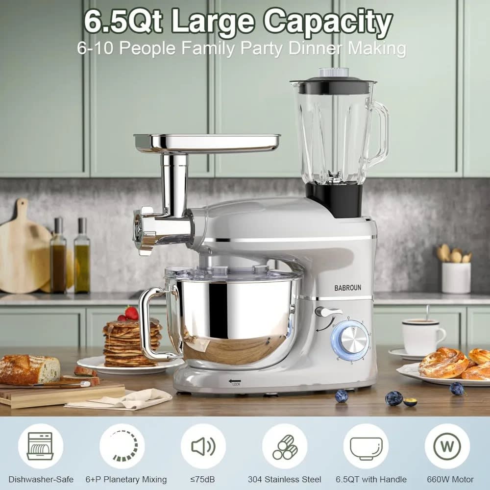 6-IN-1 Electric Kitchen Mixer with 6.5QT Bowl & Meat Grinder